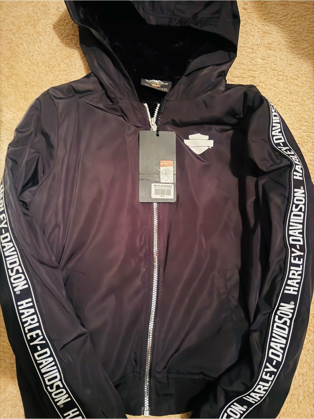 Harley-Davidson Black Hooded Windbreaker with Logo Tape Sleeves